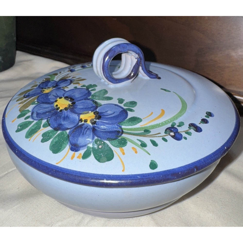 Small Vintage‎ Hand Painted Covered Dish Made In Italy Pottery Blue  # 740 26